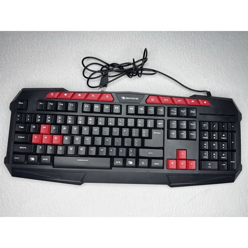 iBUYPOWER Gaming Keyboard GKB100‎ USB Wired Black Red Keys Tested WORKS